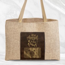 My Angel has Paws Photo Tote Bag - Burlap Rustic Brown Gold Leatherette