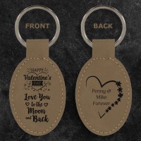 Happy Valentine's Day Love You to the Moon and Back Engraved Light Brown Leatherette Oval Keyring