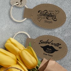 Happy Valentine's Day Sealed with a Kiss Engraved Light Brown Leatherette Oval Keyring