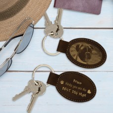 Best Dog Mum Photo Personalised Leatherette Keyring - Oval Rustic Brown Engraved Gold