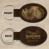 Engraved Photo  Happy Valentine's Day Rustic Brown and Gold Leatherette Oval Keyring