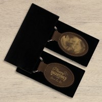 Engraved Photo  Happy Valentine's Day Rustic Brown and Gold Leatherette Oval Keyring