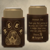 Dog Dad Beer Photo Leatherette Stubby Holder - Rustic Brown Engraved Gold