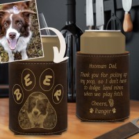 Dog Dad Beer Photo Leatherette Stubby Holder - Rustic Brown Engraved Gold
