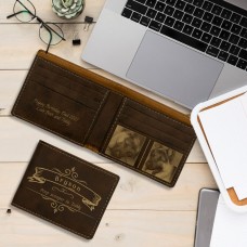 Celebrate Him Double Photo Rustic Brown and Gold Leatherette Bi-Fold Wallet Gift