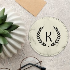 Leaf Monogram Leatherette Coaster - Round Marble Pattern Engraved