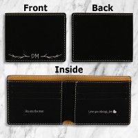 Initials and Message Personalised Black and Silver Leatherette Bi-Fold Wallet Gift for Him