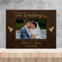 On Our Wedding Day Doves Rustic Brown and Gold Leatherette Personalised Photo Frame Small