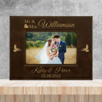 Mr and Mrs Wedding Doves Rustic Brown and Gold Leatherette Personalised Photo Frame Small