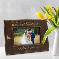 Mr and Mrs Wedding Doves Rustic Brown and Gold Leatherette Personalised Photo Frame Small