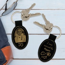 Rescued by My Dog Photo Personalised Leatherette Keyring - Oval Black Engraved Gold