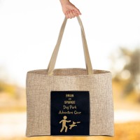 Furbaby and Dog Dad Adventure Gear Photo Tote Bag - Burlap Black Gold Leatherette